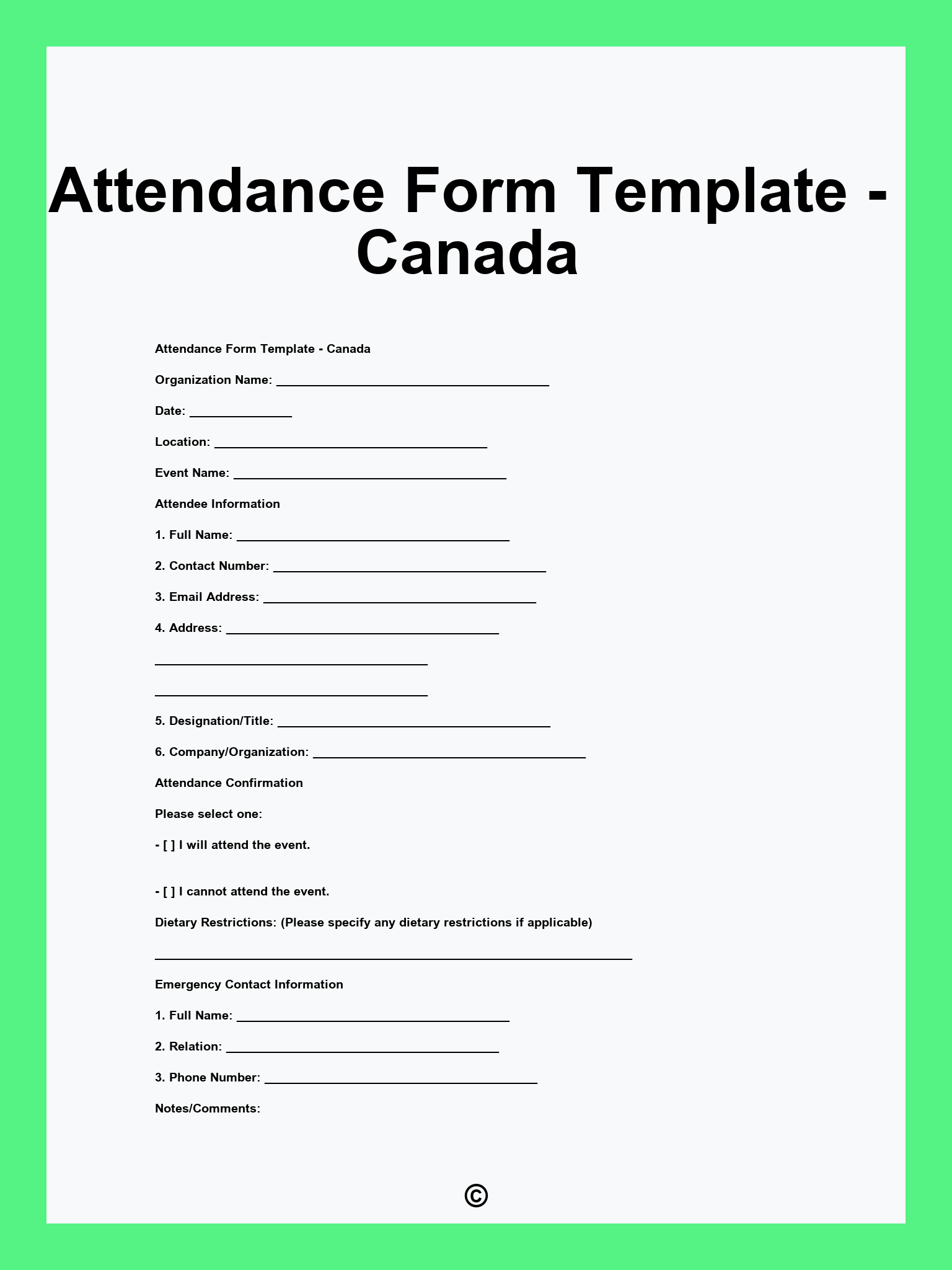 Attendance Form Template - Canada