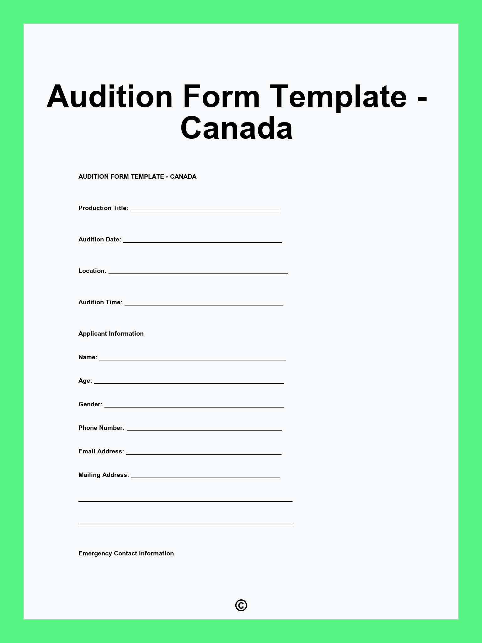 Audition Form Template - Canada