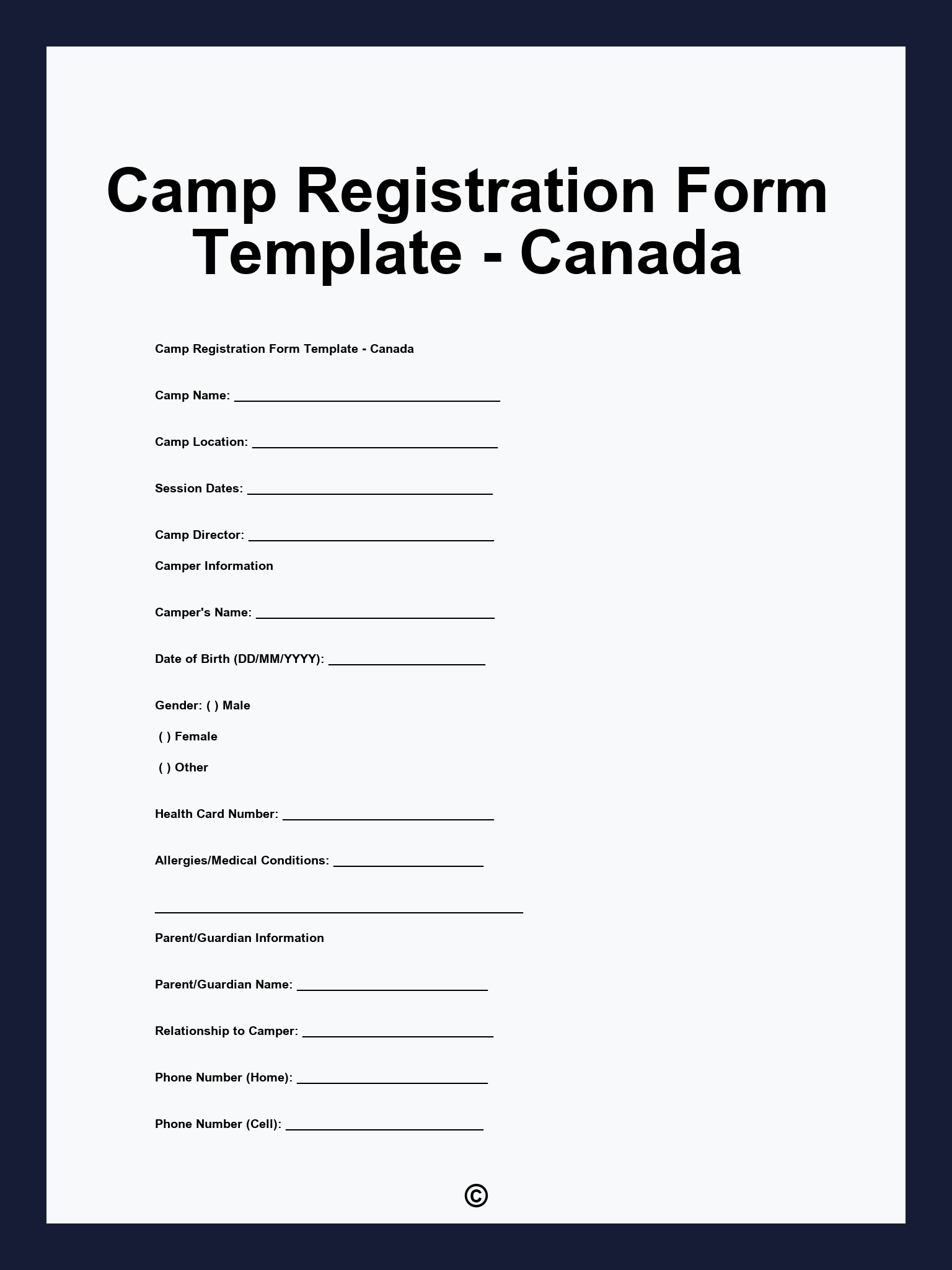 Camp Registration Form Template - Canada