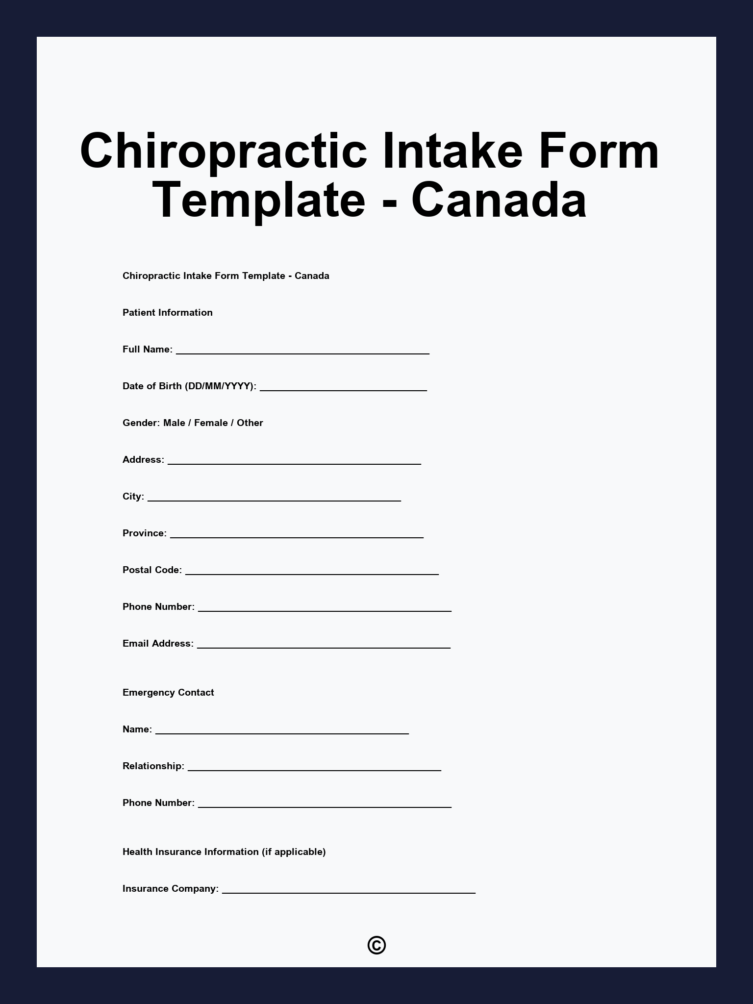 Chiropractic Intake Form Template - Canada