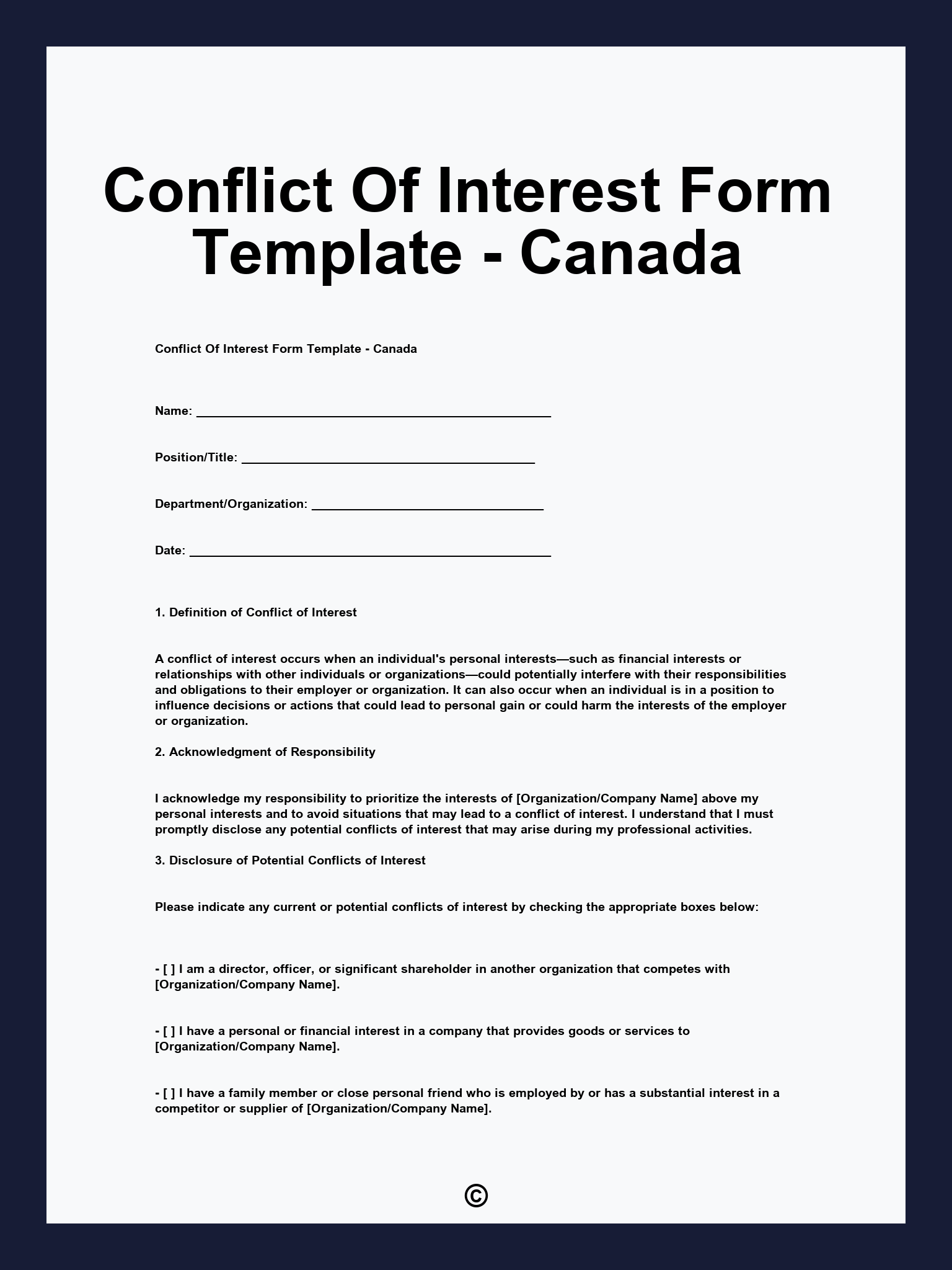 Conflict Of Interest Form Template - Canada
