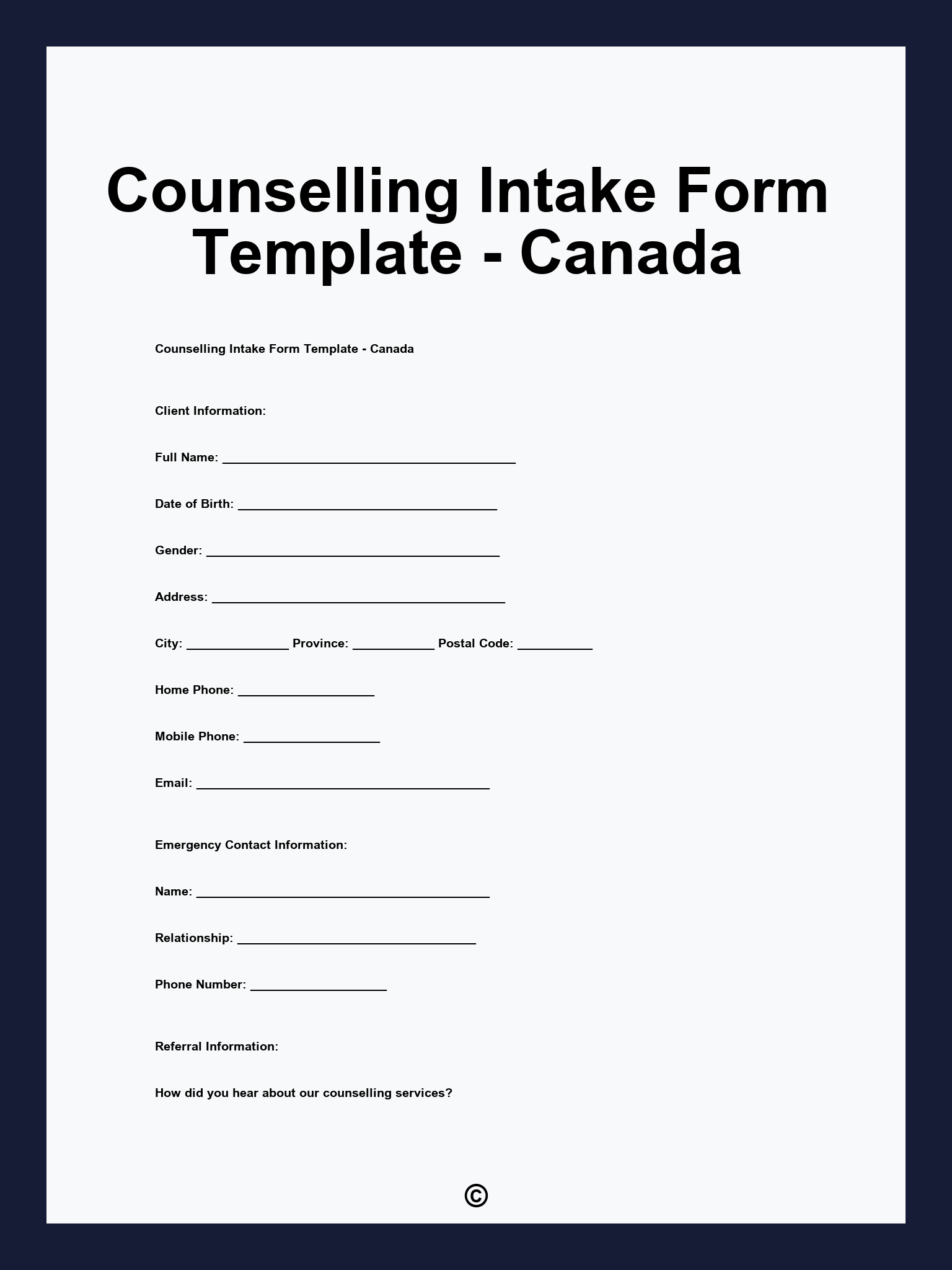 Counselling Intake Form Template - Canada