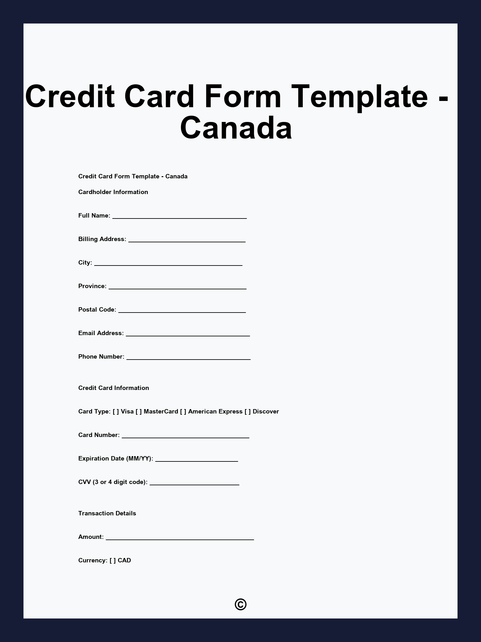 Credit Card Form Template - Canada