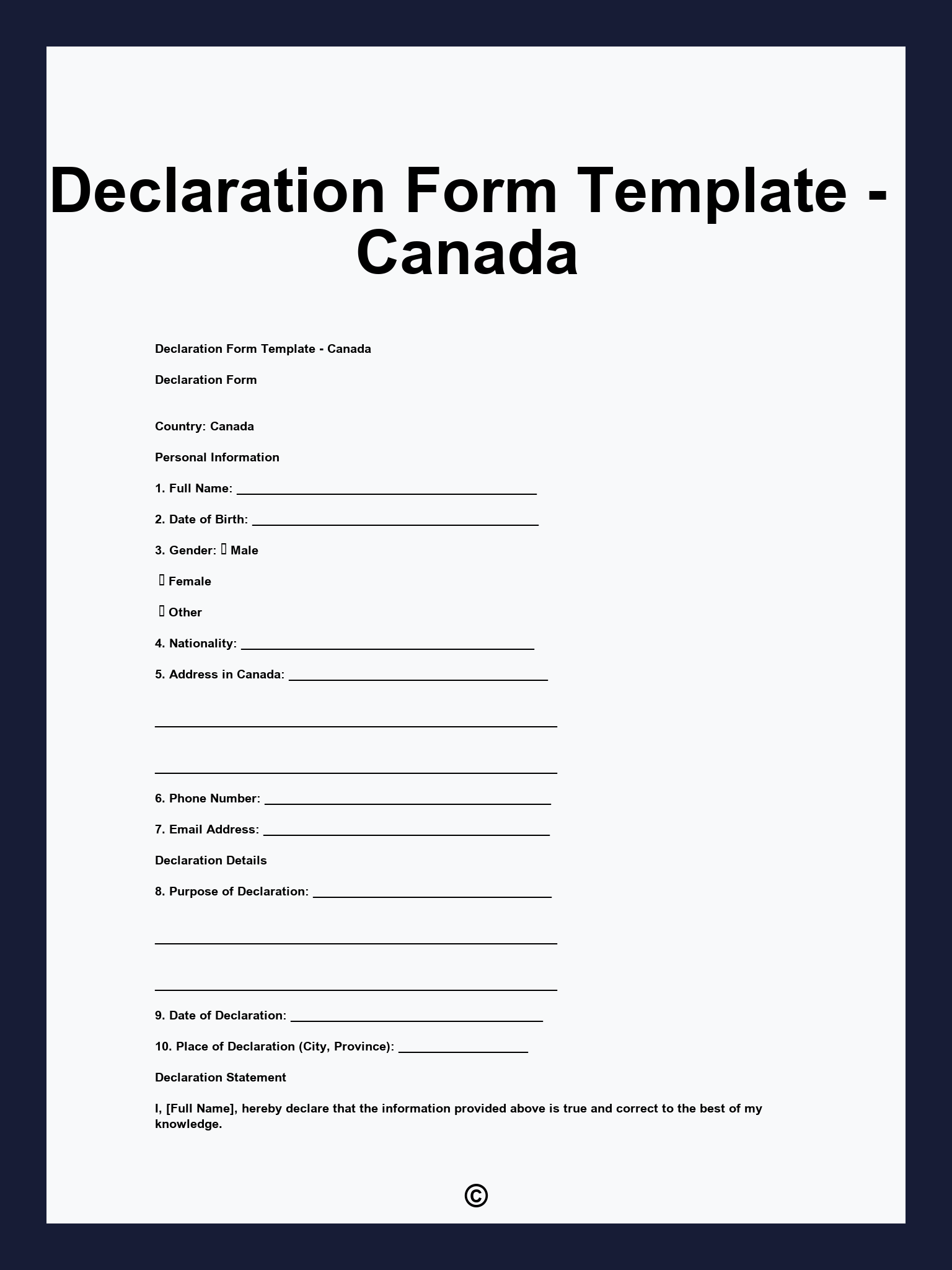 Declaration Form Template - Canada