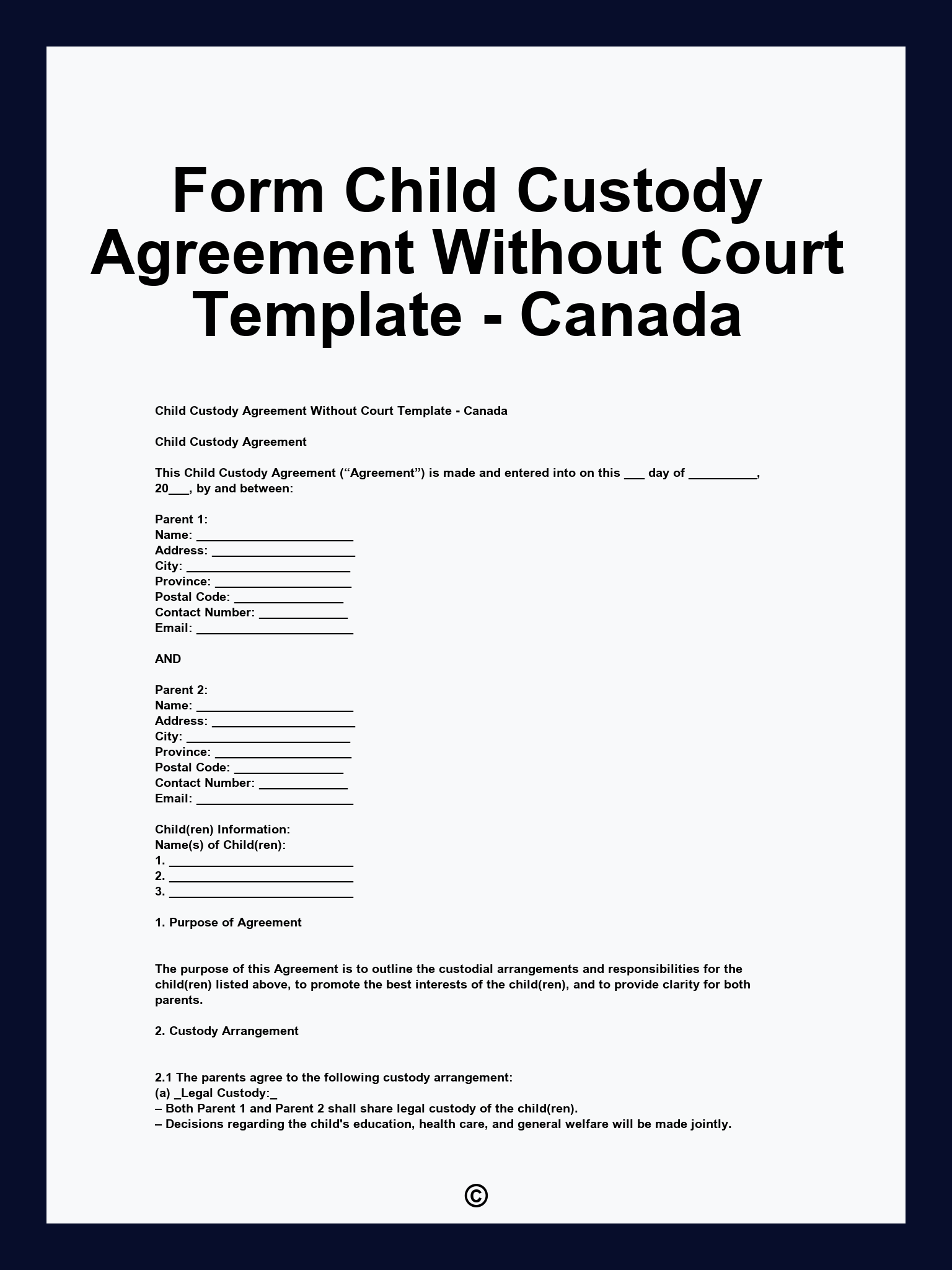 Form Child Custody Agreement Without Court Template - Canada
