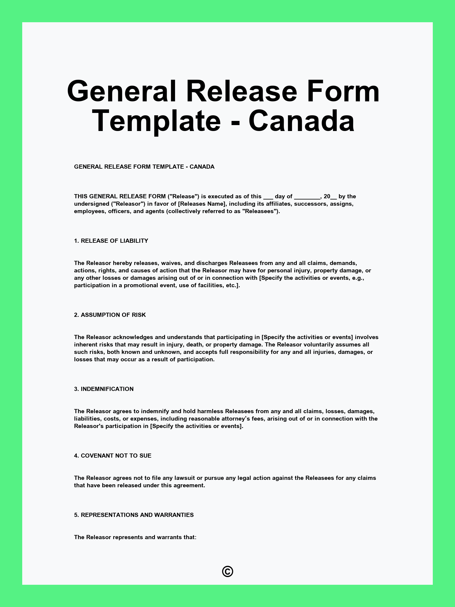 General Release Form Template - Canada