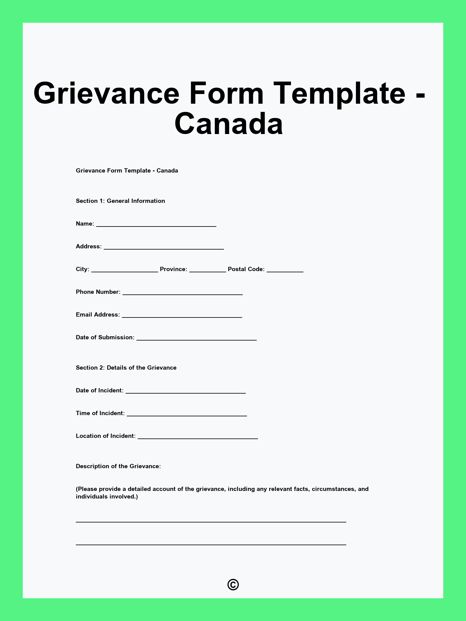 Grievance Form Template - Canada
