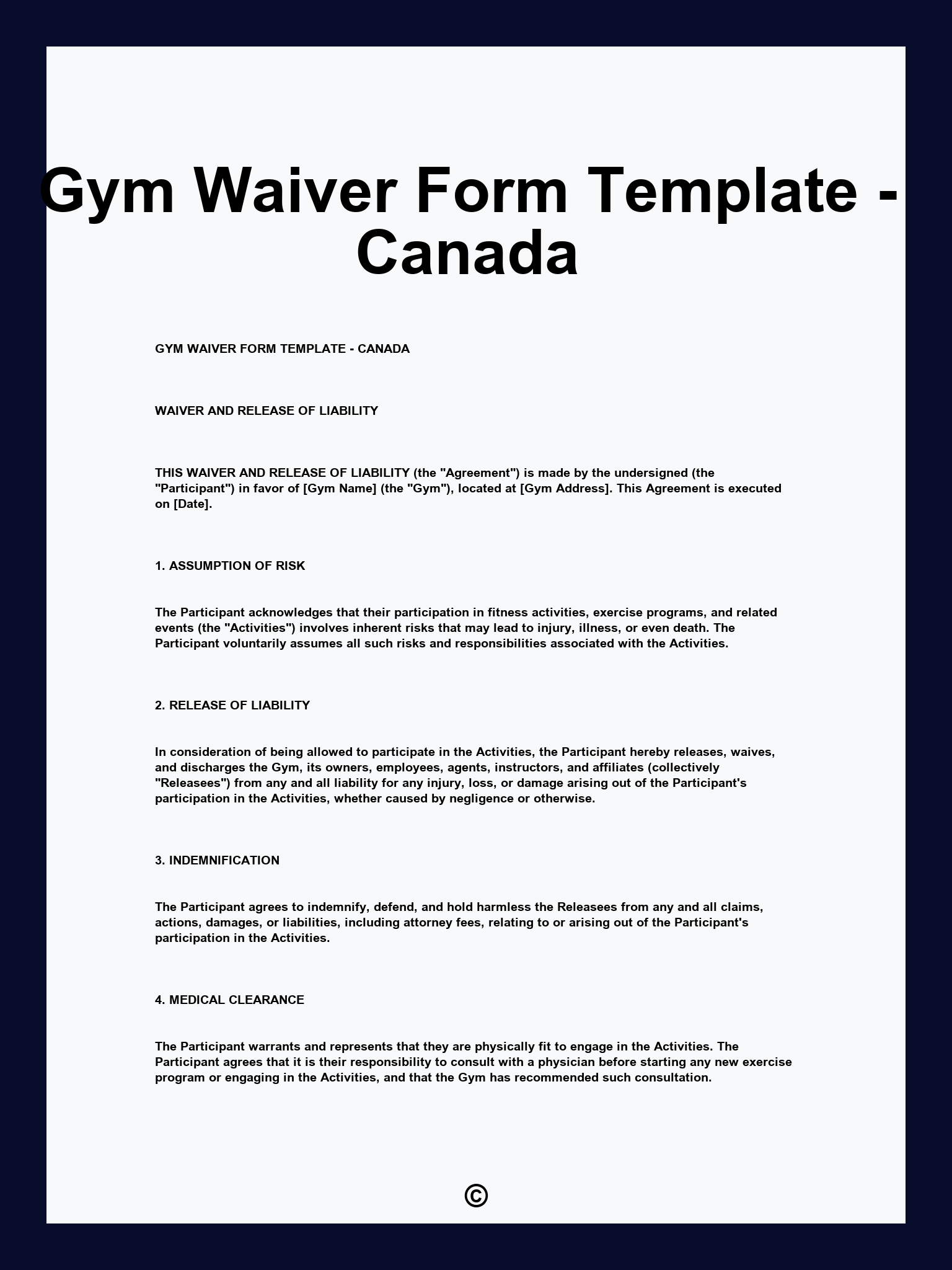 Gym Waiver Form Template - Canada