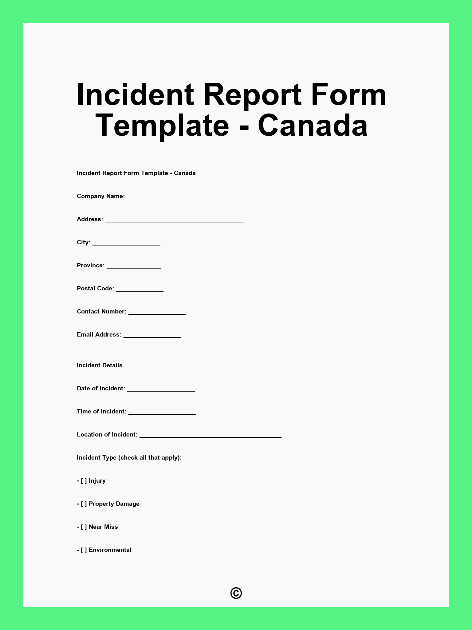 Incident Report Form Template - Canada