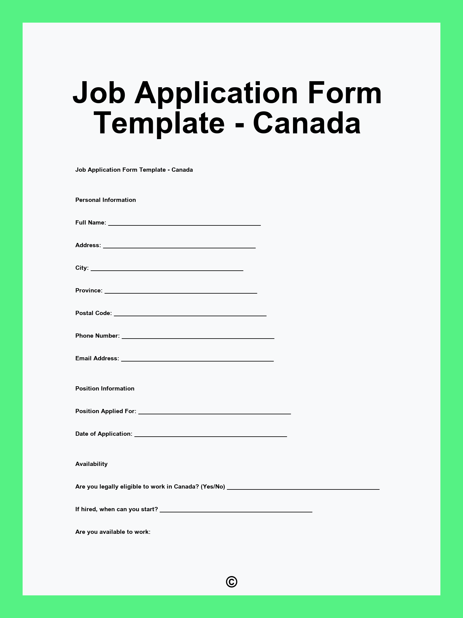 Job Application Form Template - Canada
