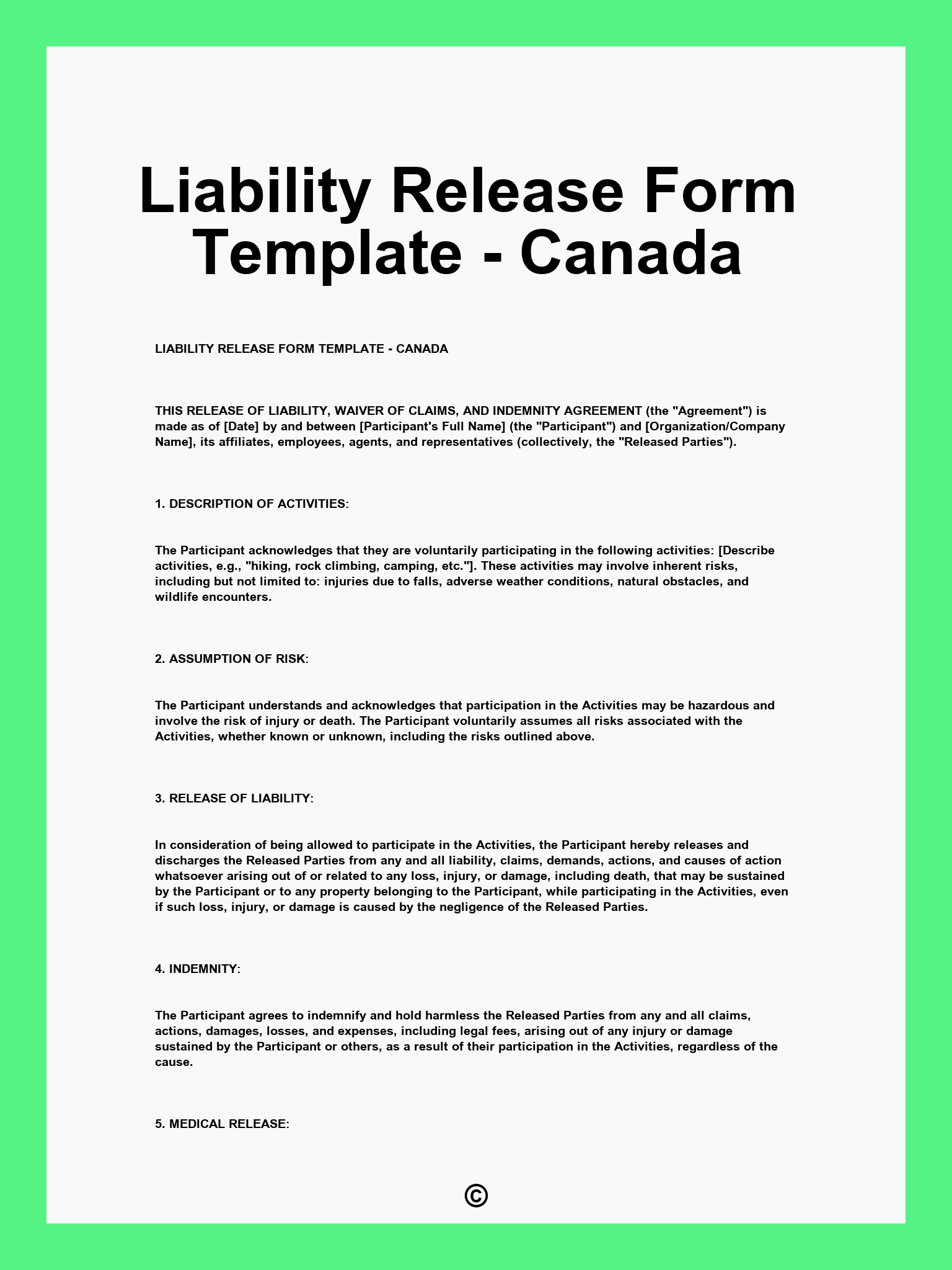 Liability Release Form Template - Canada