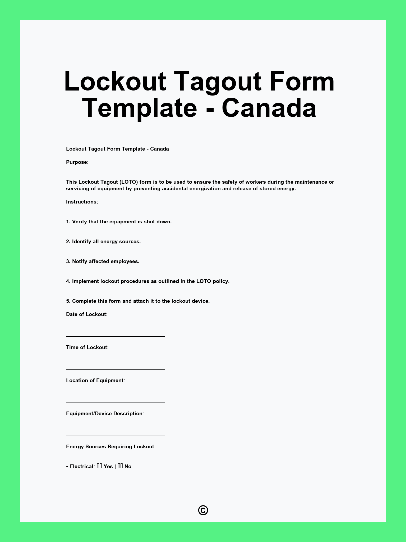 Lockout Tagout Form Template - Canada