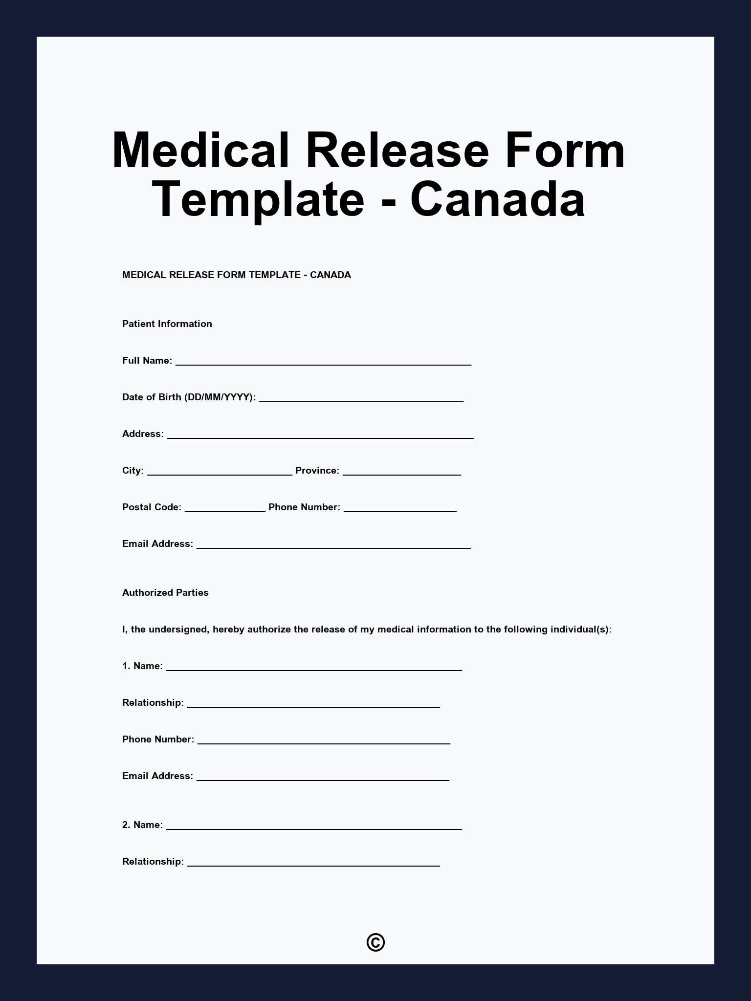 Medical Release Form Template - Canada