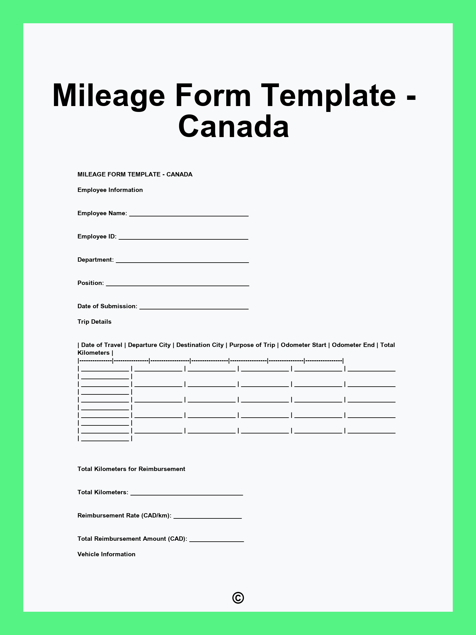 Mileage Form Template - Canada
