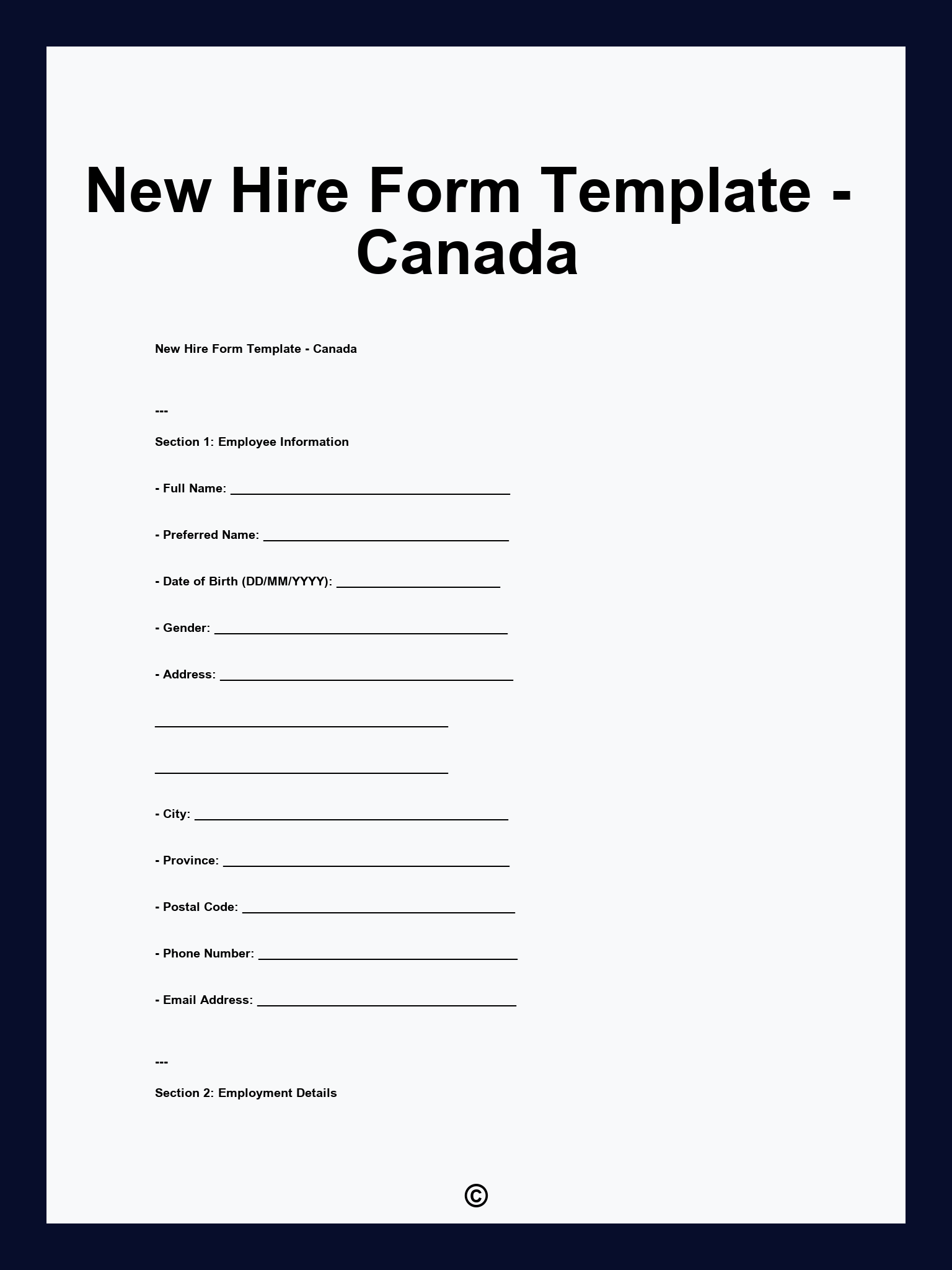 New Hire Form Template - Canada