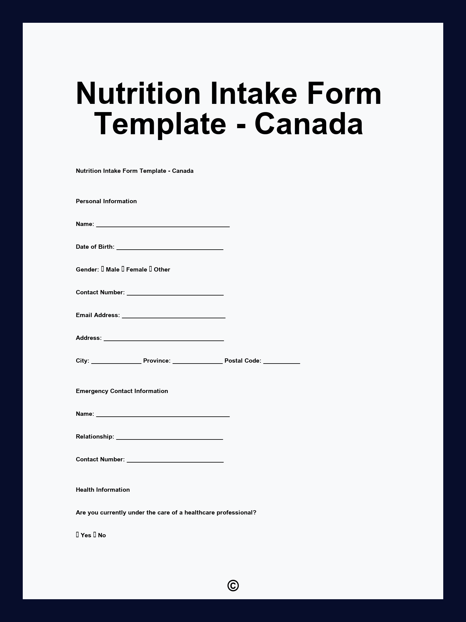 Nutrition Intake Form Template - Canada
