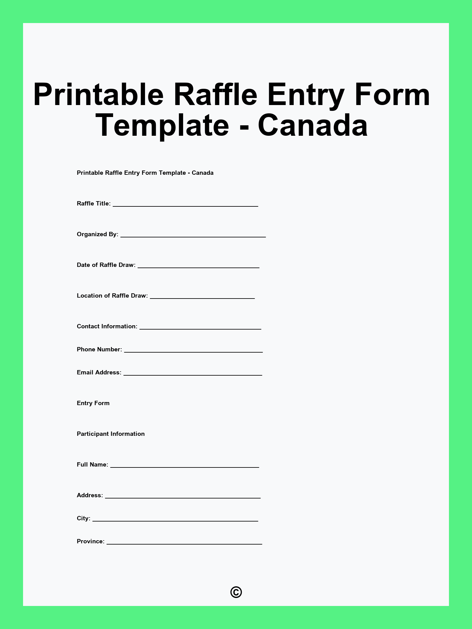 Printable Raffle Entry Form Template - Canada