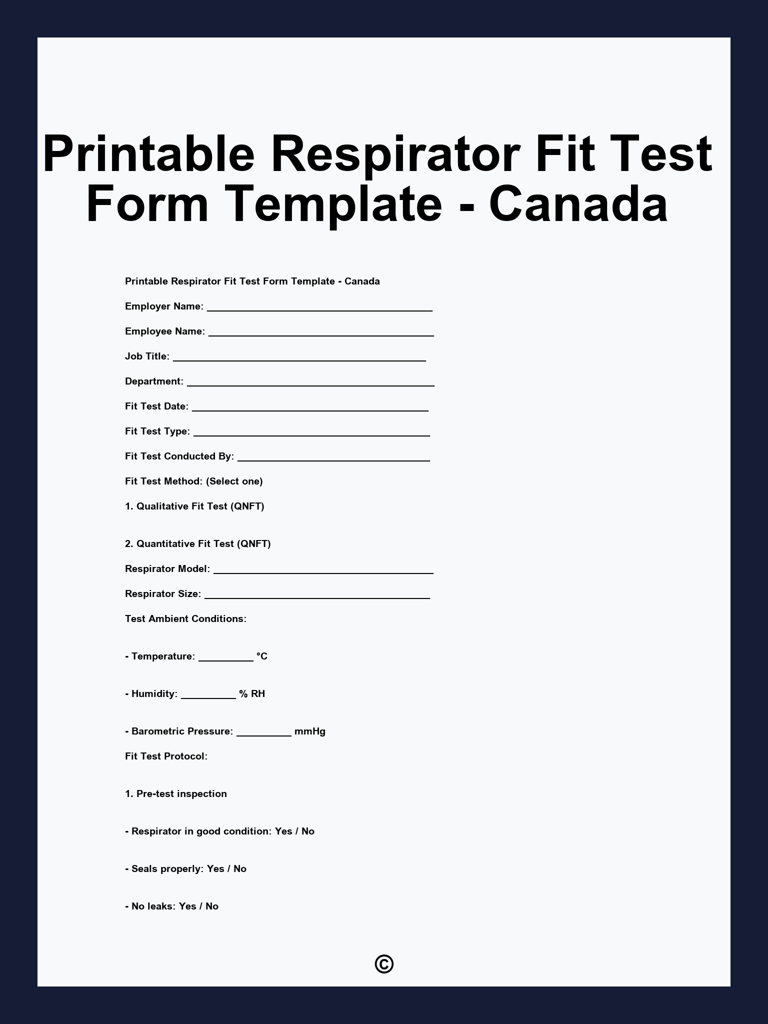 Printable Respirator Fit Test Form Template - Canada
