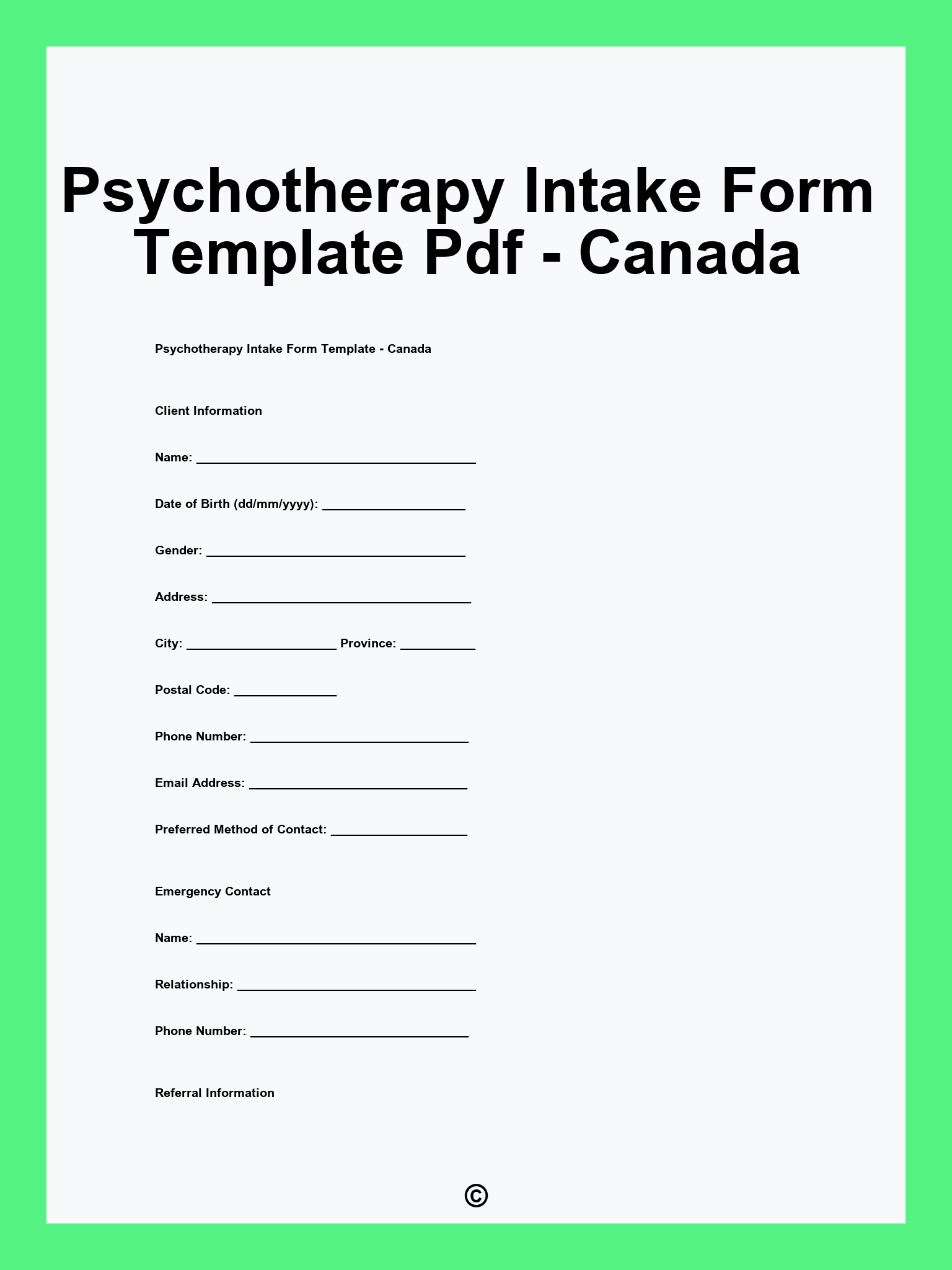 Psychotherapy Intake Form Template Pdf - Canada