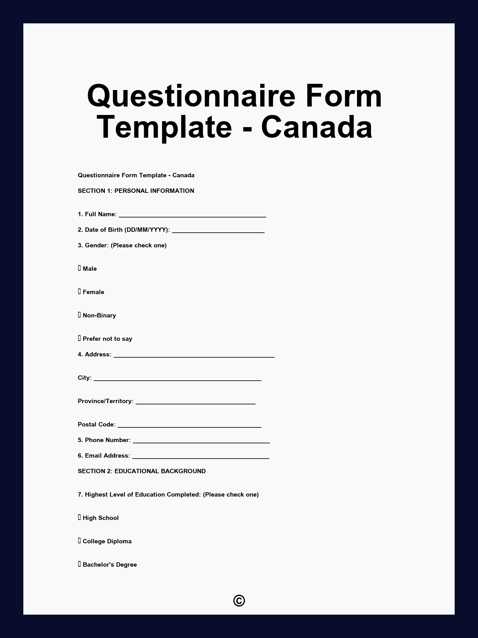 Questionnaire Form Template - Canada