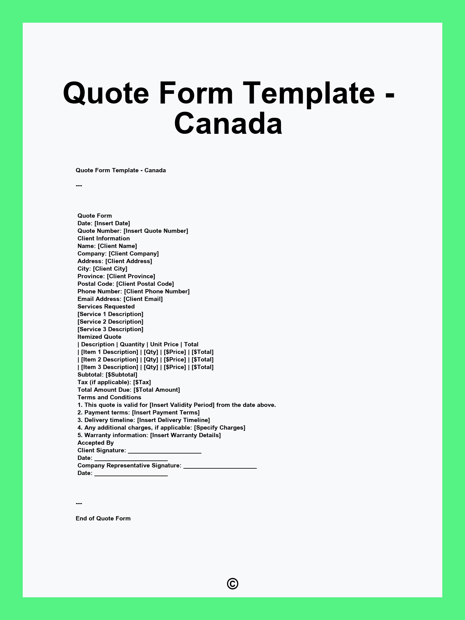 Quote Form Template - Canada