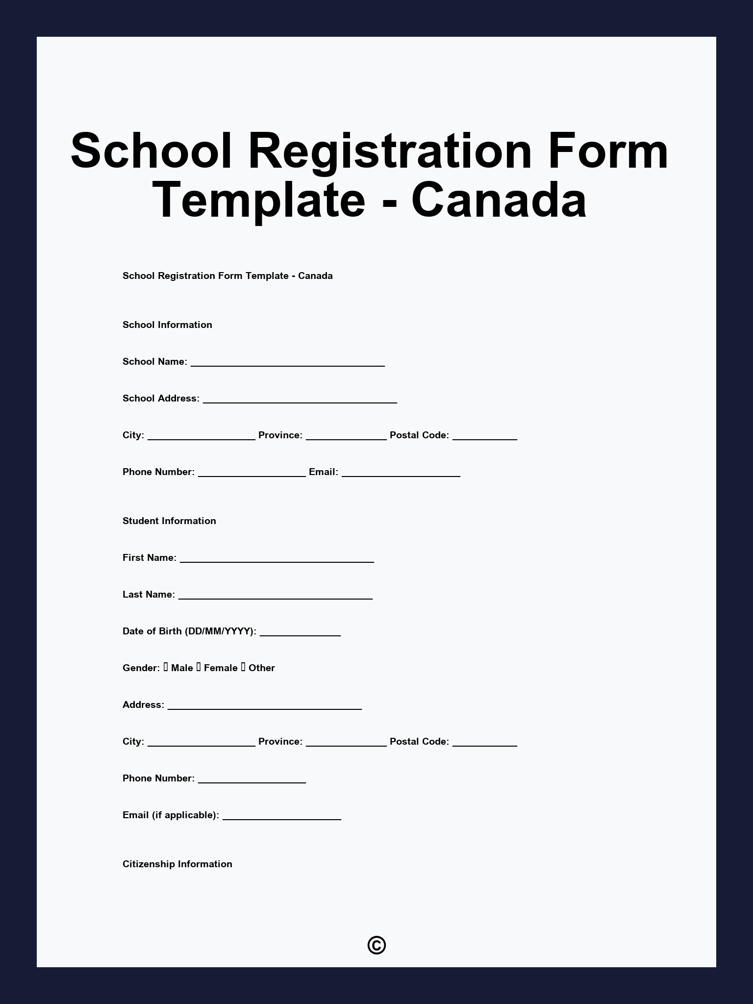 School Registration Form Template - Canada