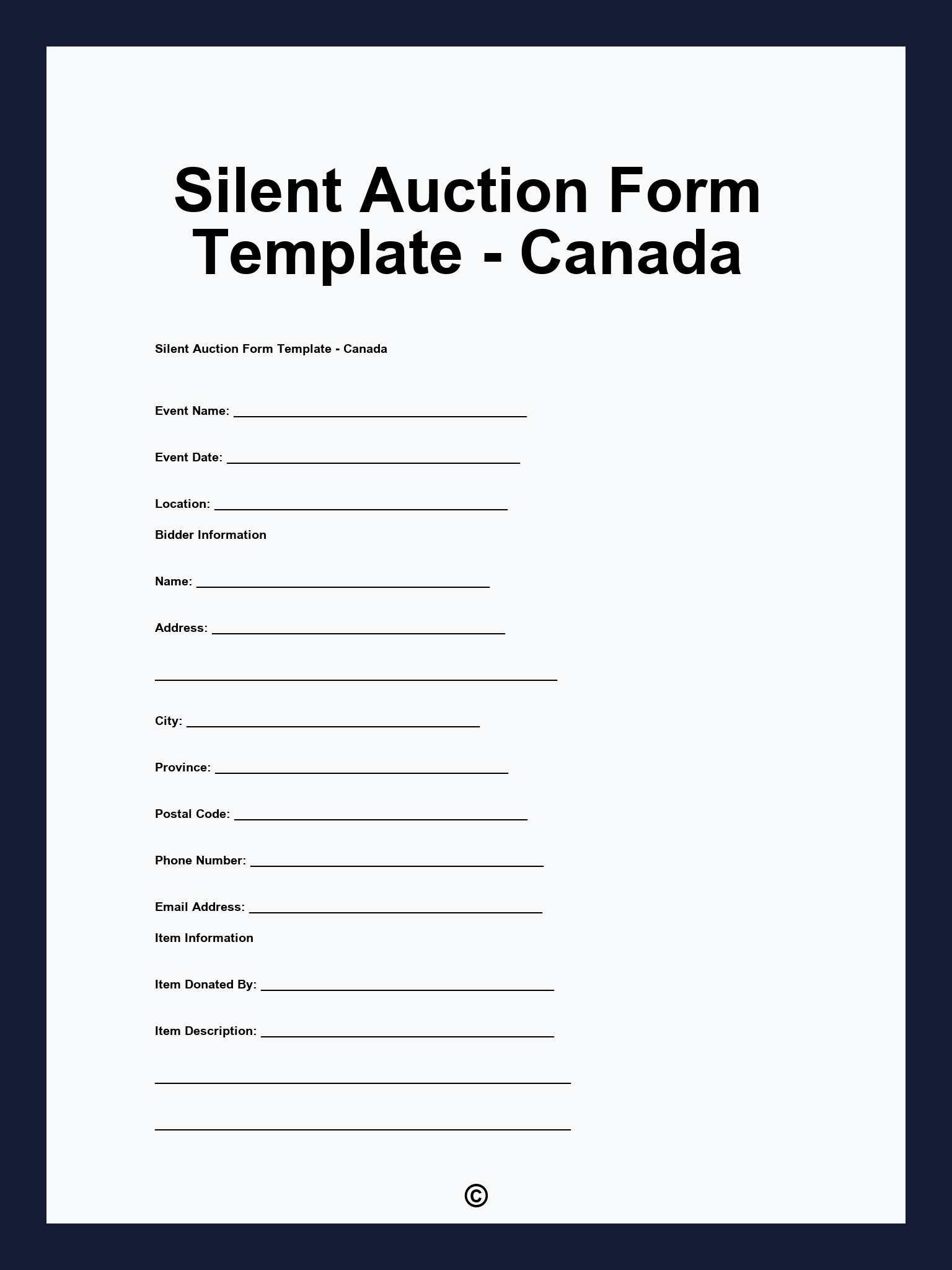 Silent Auction Form Template - Canada