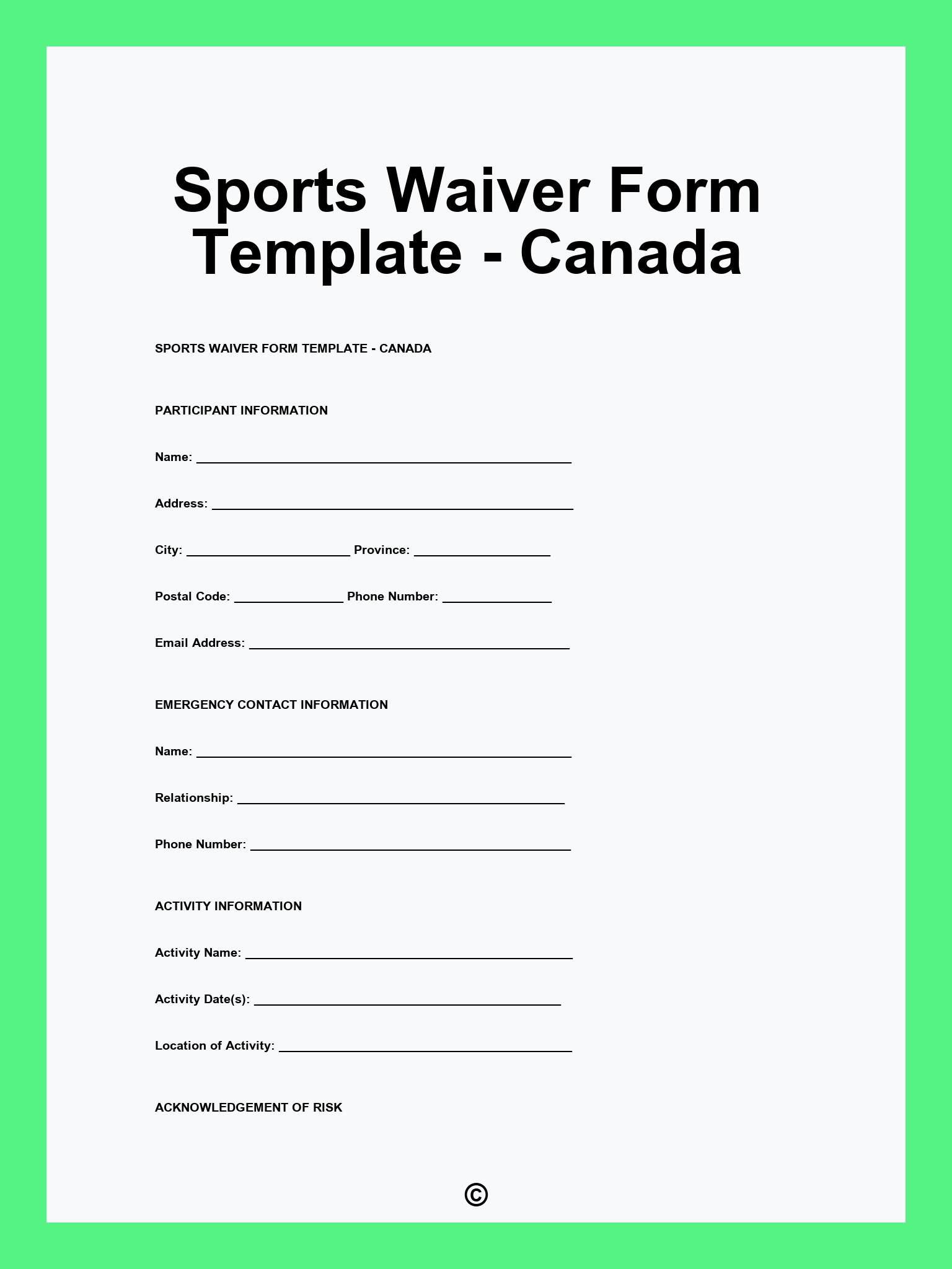 Sports Waiver Form Template - Canada