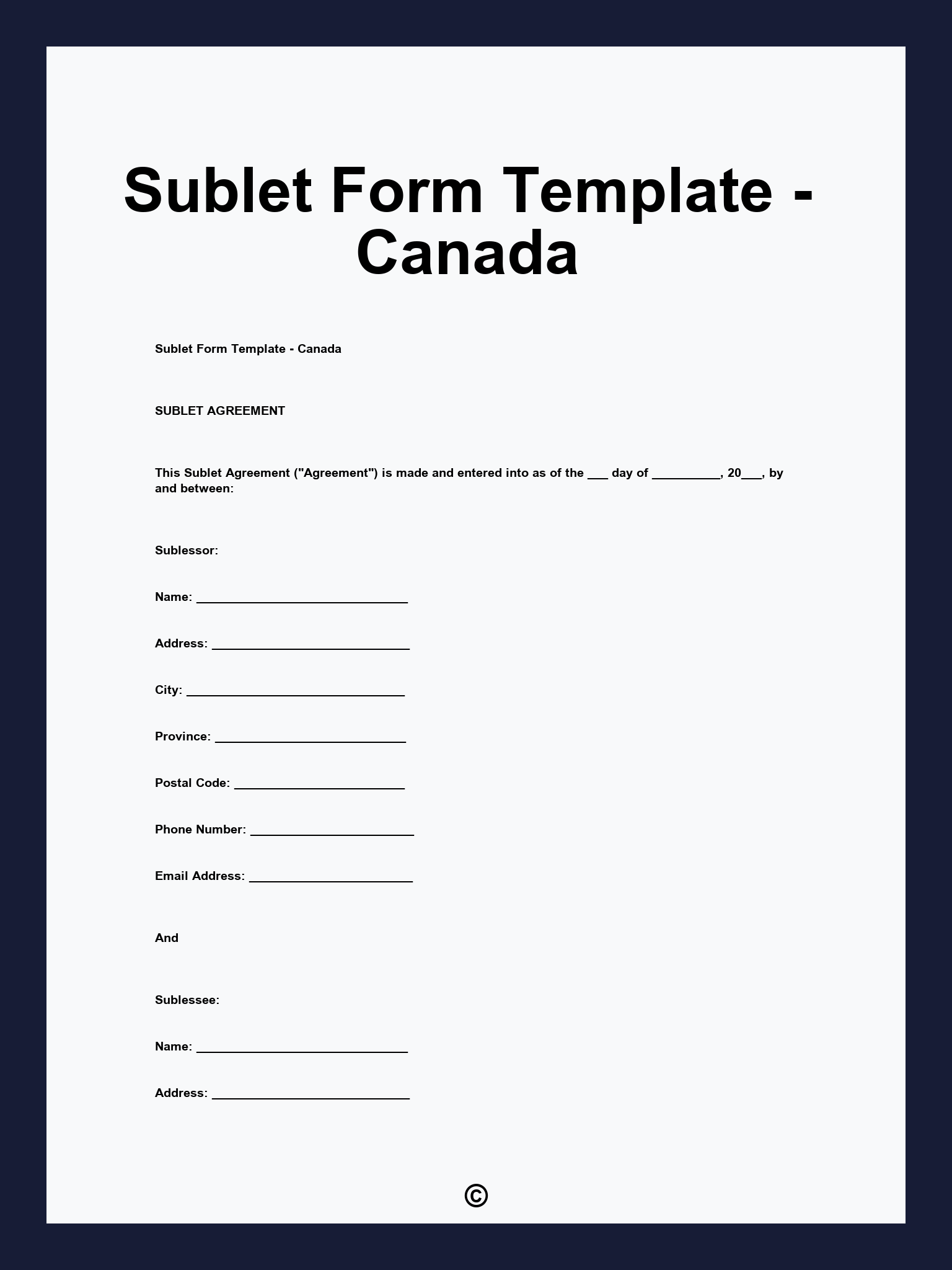 Sublet Form Template - Canada