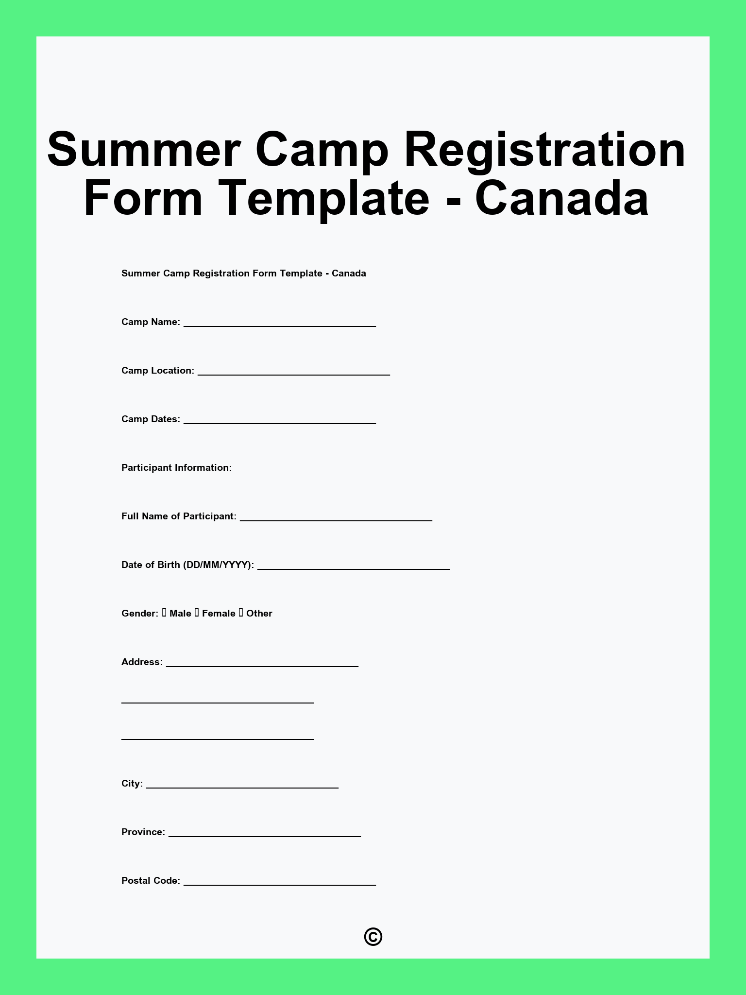 Summer Camp Registration Form Template - Canada