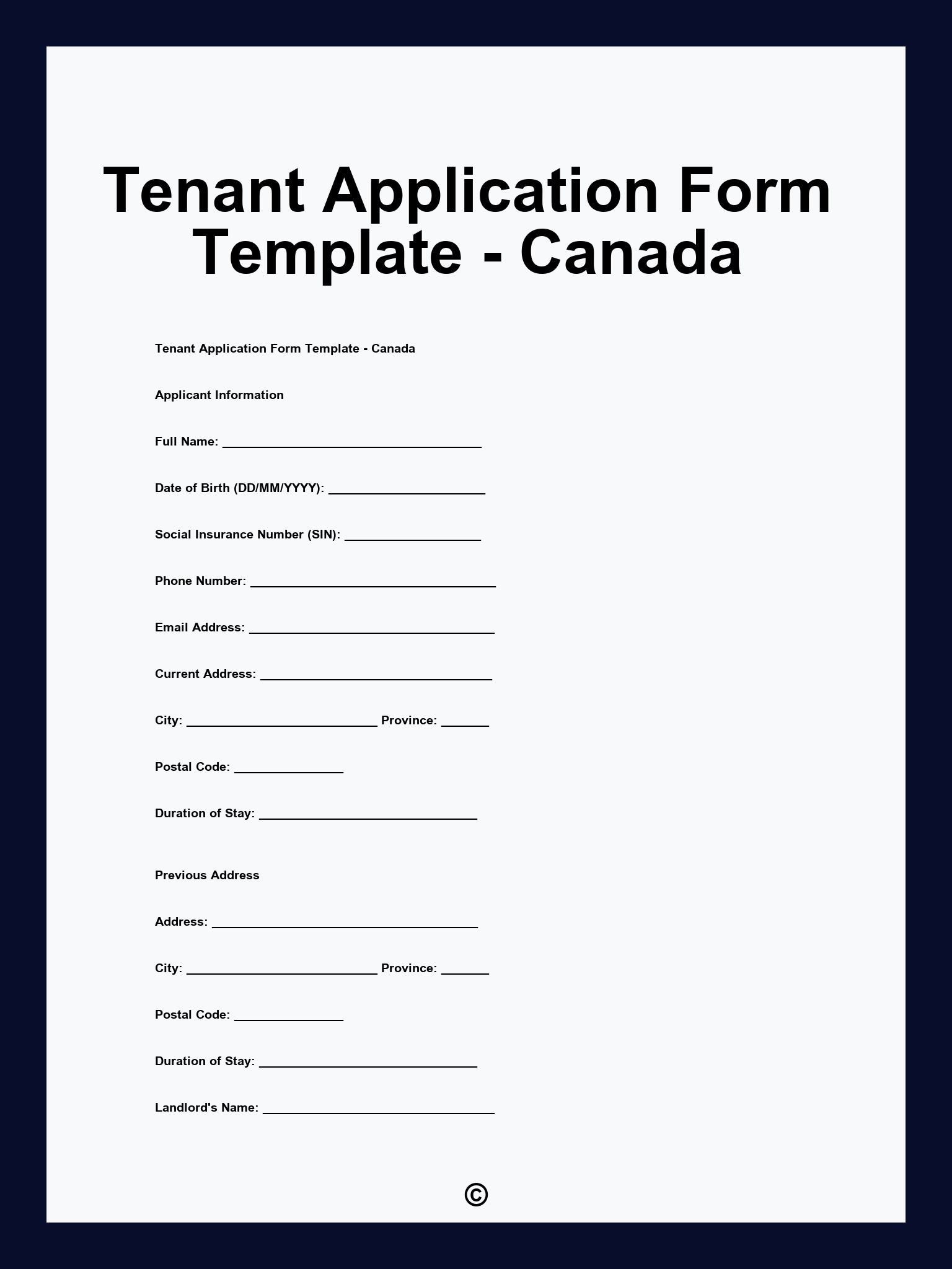 Tenant Application Form Template - Canada