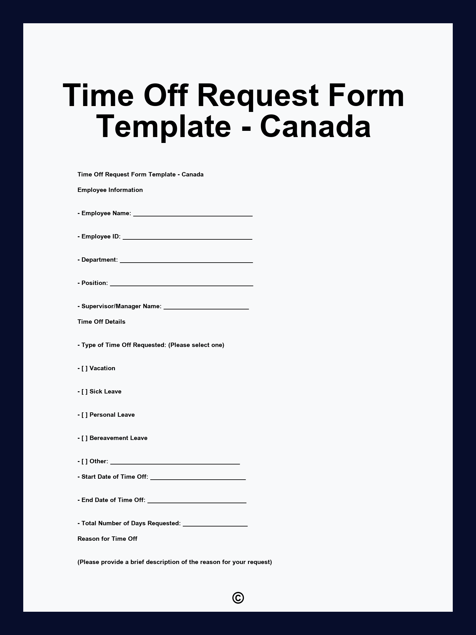 Time Off Request Form Template - Canada