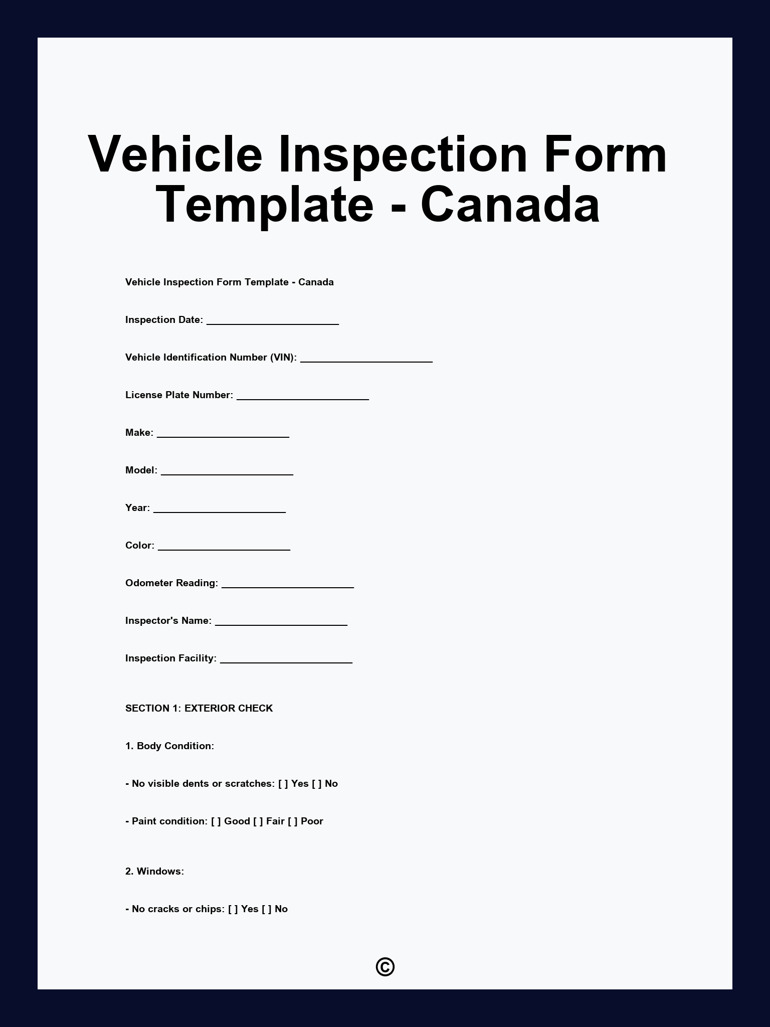 Vehicle Inspection Form Template - Canada