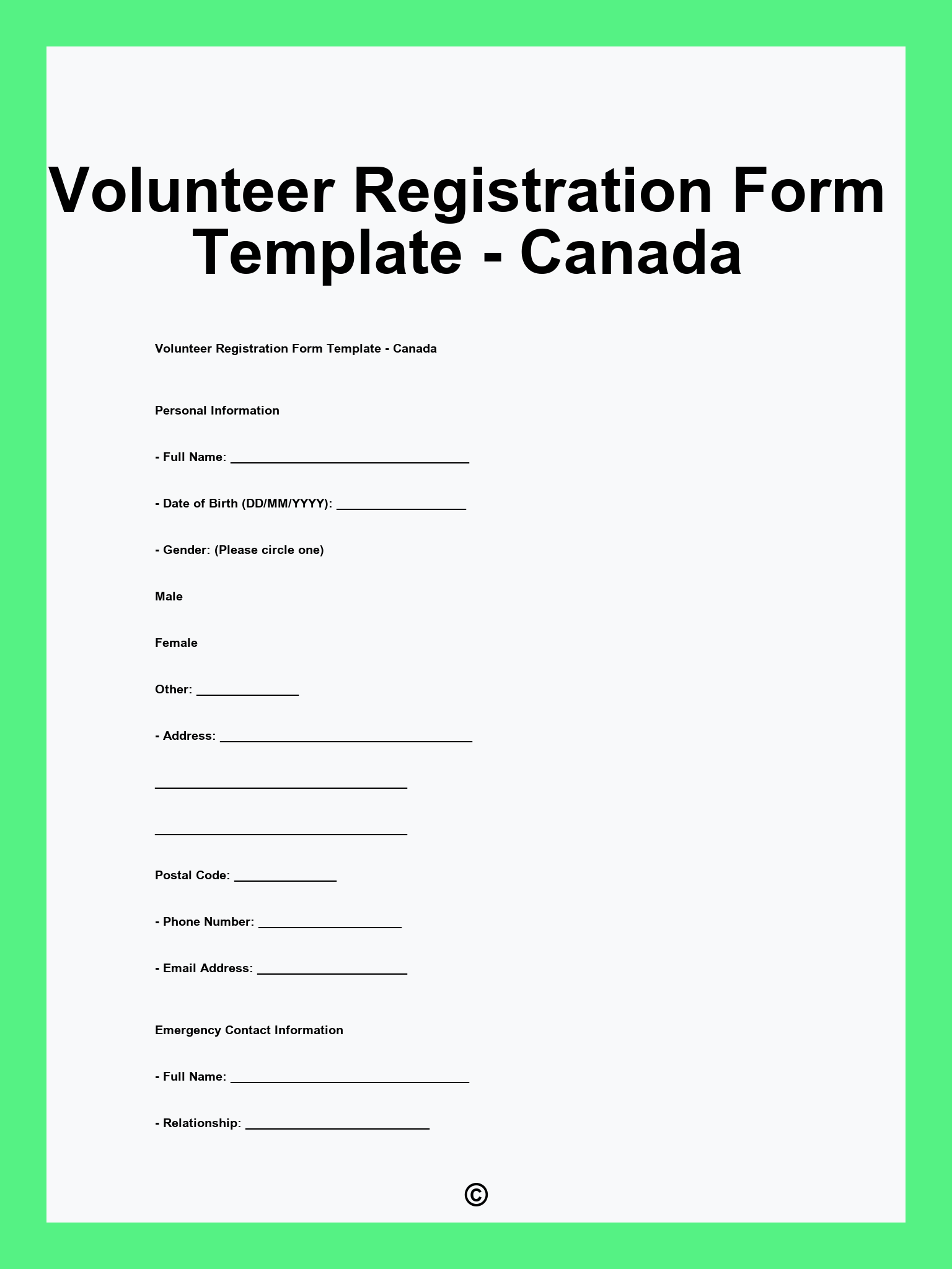 Volunteer Registration Form Template - Canada