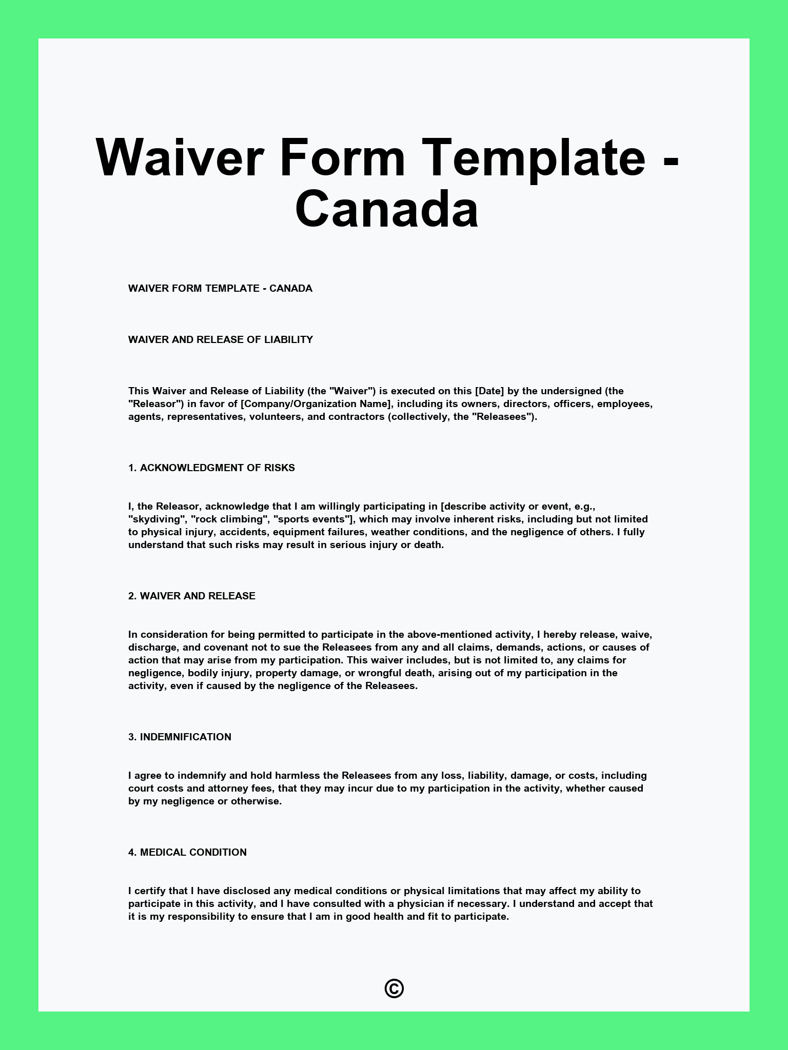 Waiver Form Template - Canada