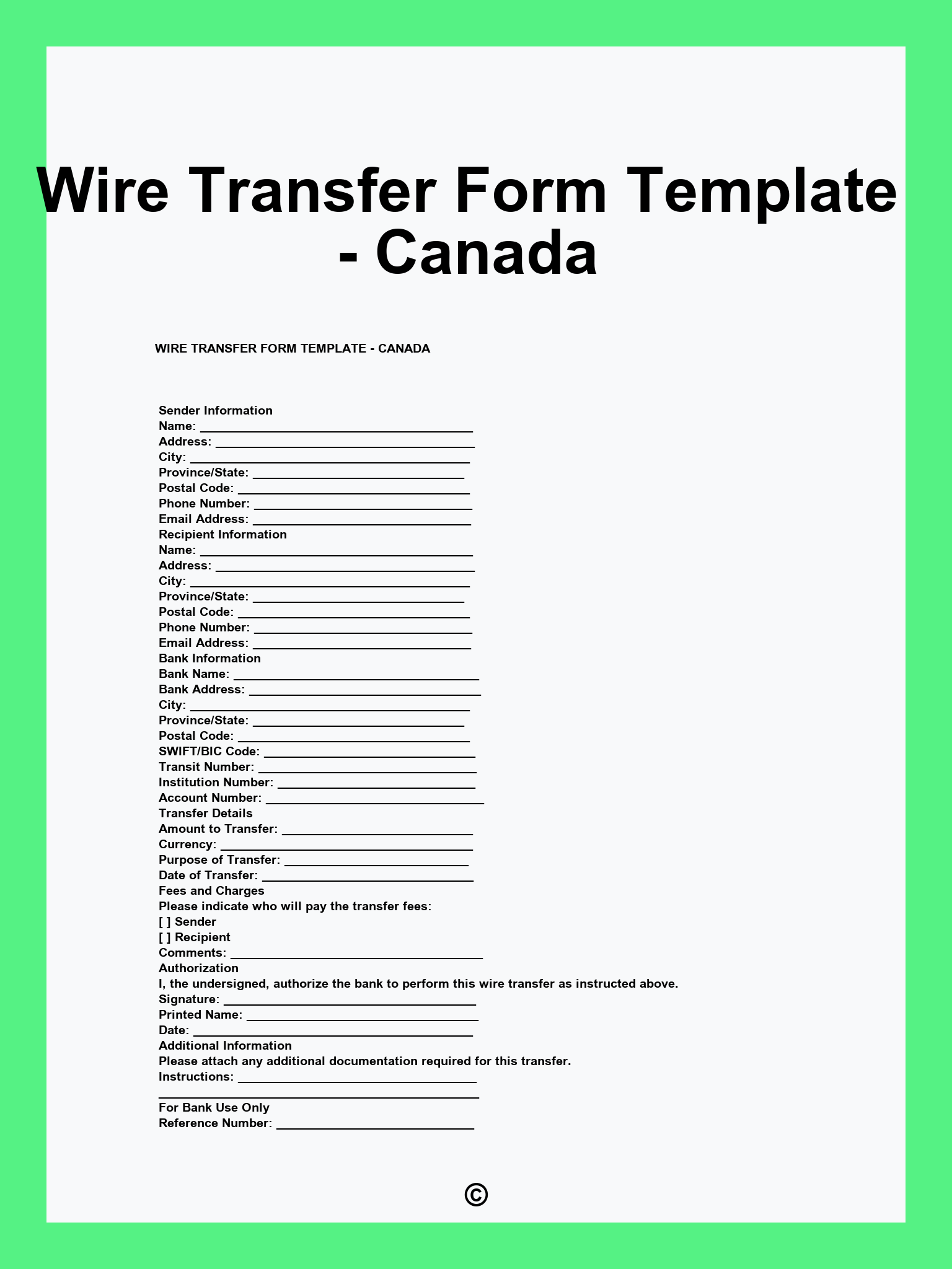 Wire Transfer Form Template - Canada